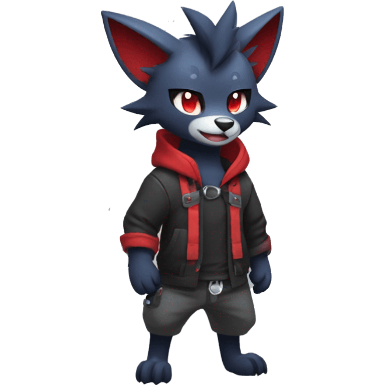 Cool Edgy Zorua-Zoroark-Mightyena with a collar and hoodie-sweater and harness on, full body emoji