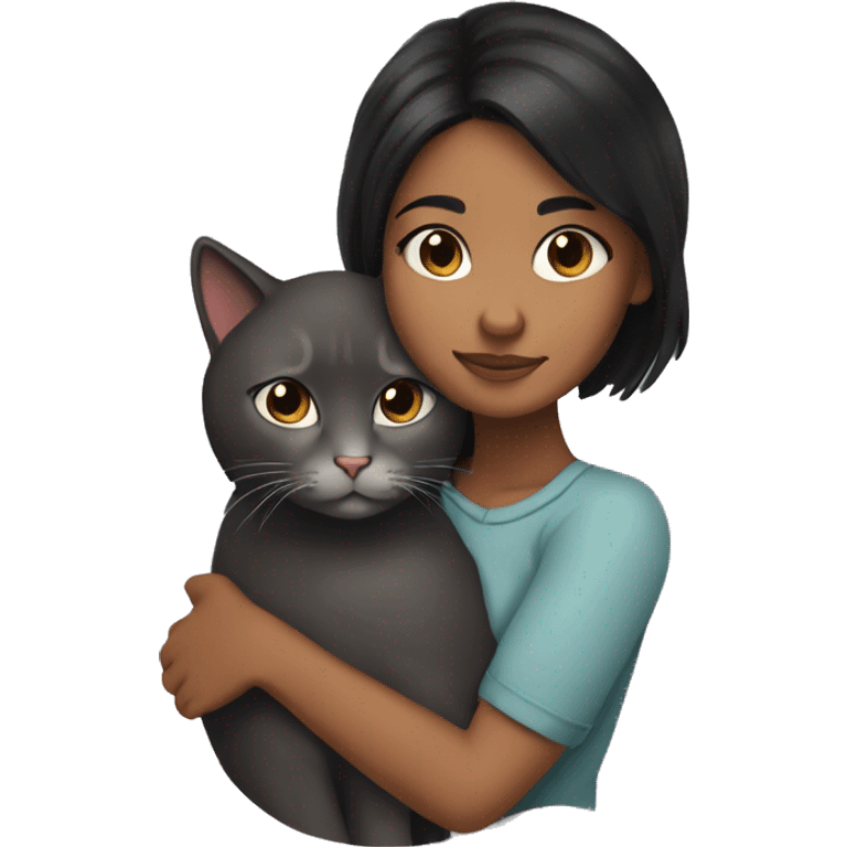 brownskin girl with black hair cuddling her gray cat emoji