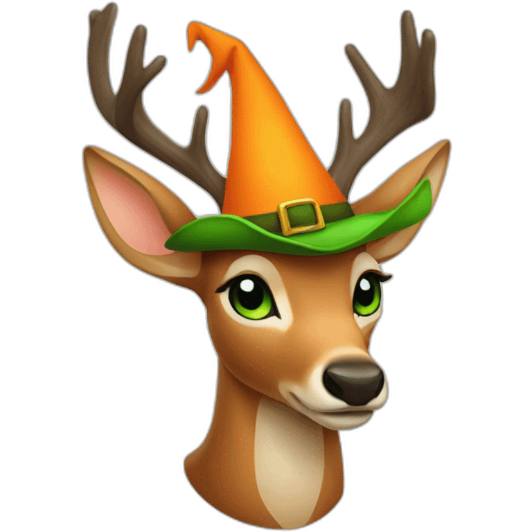 deer in a orange witch hat with green eyes emoji