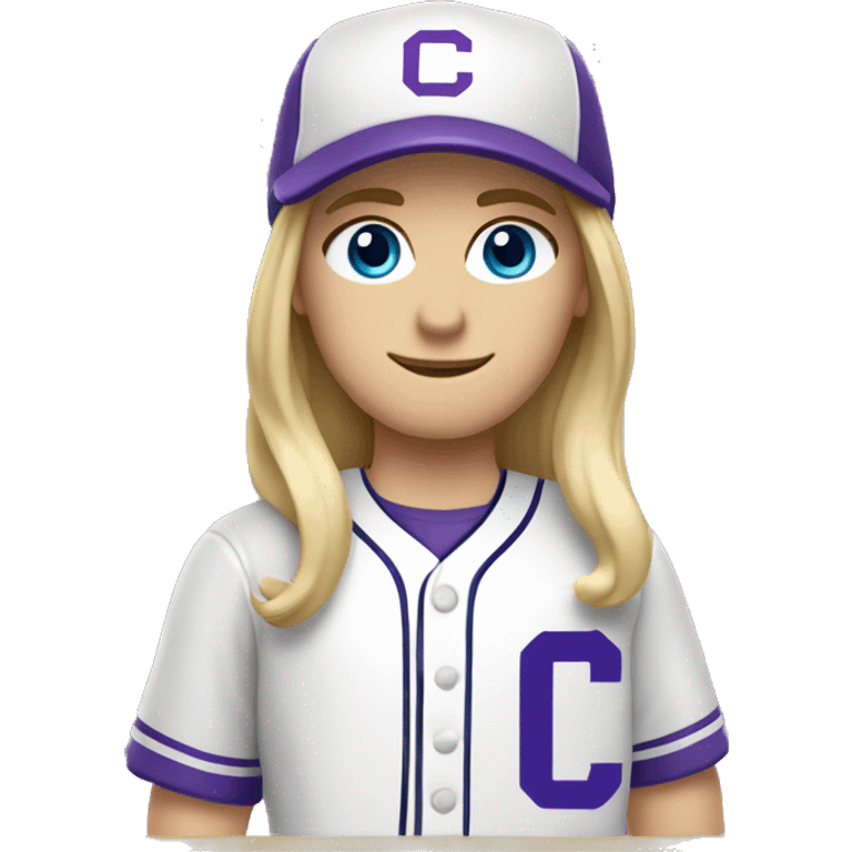 baseball card character. Blonde long straight hair. blue eyes.  letter C logo. Purple and white uniform.  emoji