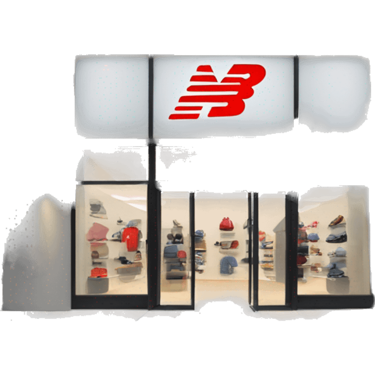 “New Balance store exterior with a clean, modern facade, the iconic ‘N’ logo, large windows showcasing athletic footwear, and a minimalist entrance.” emoji