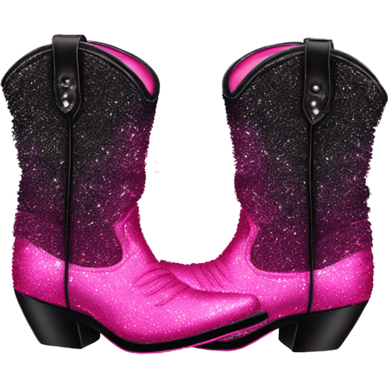 Realistic hot pink to black ombre pair of fashion cowgirl boots with sparkly shiny glitter fringe on them. emoji