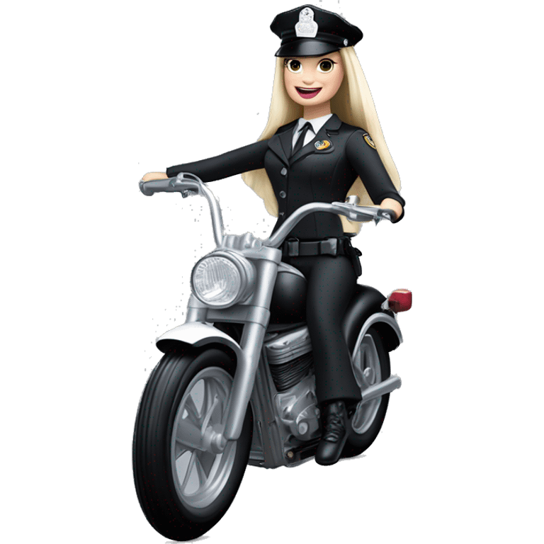 Good Time Barbie, Wednesday Addams from academy in vertically-striped dark-gray and black London police officer’s uniform with hat. Leaning back at the hips, riding a wheelie on a hot rod bike smiling  emoji