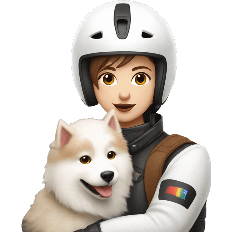 Girl biker white skin and brown short hair with a agv helmet hugging a Samoyed emoji