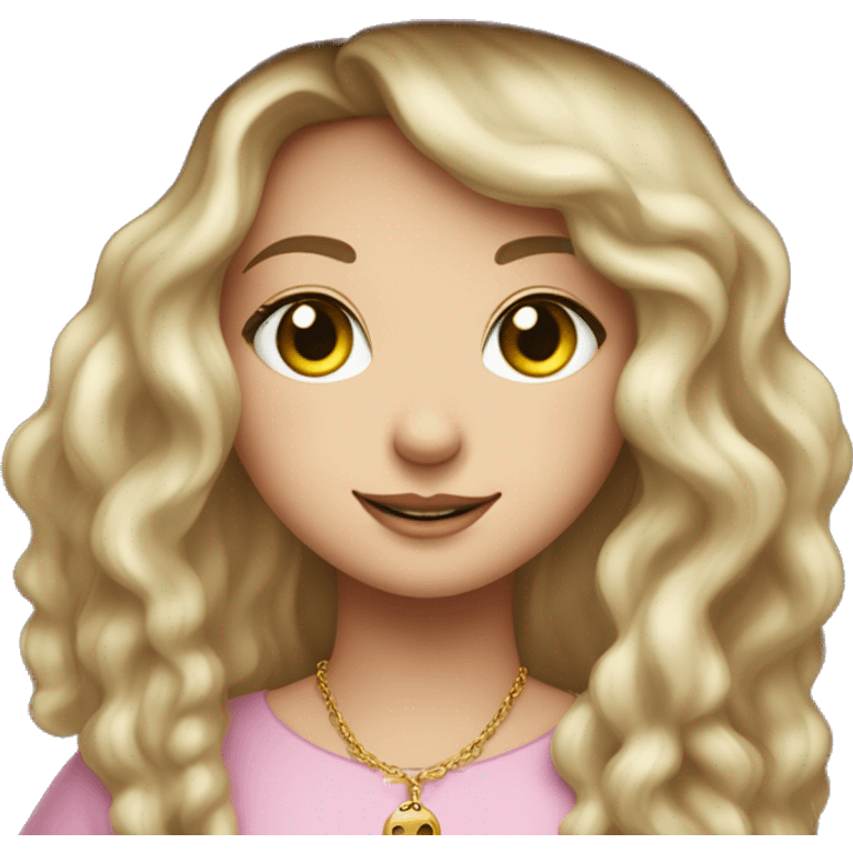 Witchy darkblonde haired darkgreen eyed light freckles white girl with a witty smile a gold necklace and a pink witch hat emoji