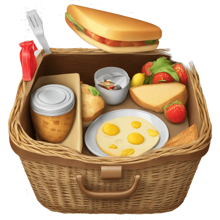 Realistic picnic lunch basket with lid open and food and dishes Packed inside   emoji