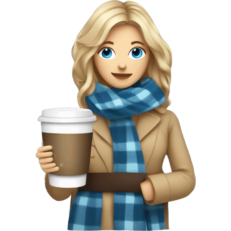 Dark blonde hair woman with blue eyes wrapped in plaid blanket with coffee emoji