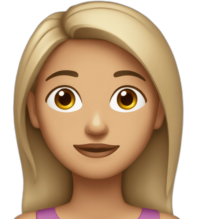 Mujer mediana edad Pelo largo y moreno, tez blanca, nariz chata, ojos un poco rasgados y marrones y la cara redondo da emoji