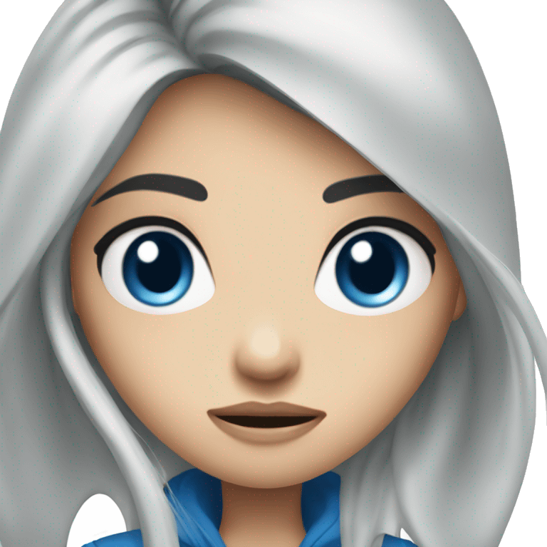 woman long black hair blue eyes, look angry, street girl emoji