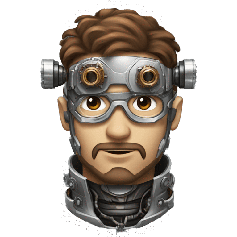 male cyborg head with brown short hair, brown beard, silver steampunk goggles and circuitry emoji