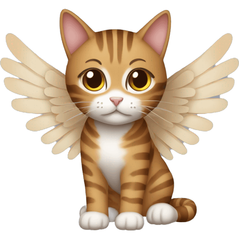 An adult and totally brown striped cat with angel’s wings. The fur is without White color. The cat is flying.  emoji