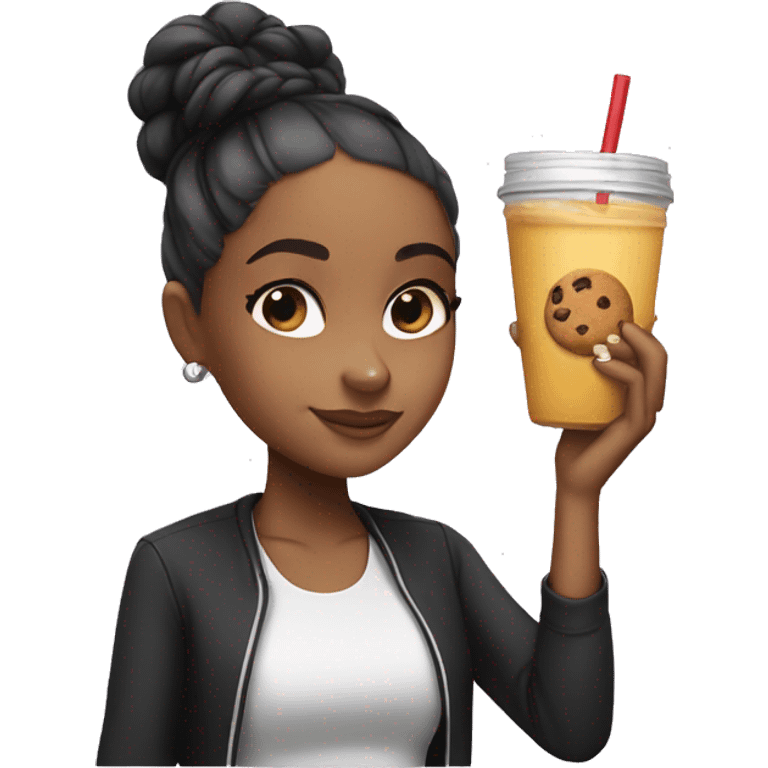 black ariana grande holding juice and a cookie emoji