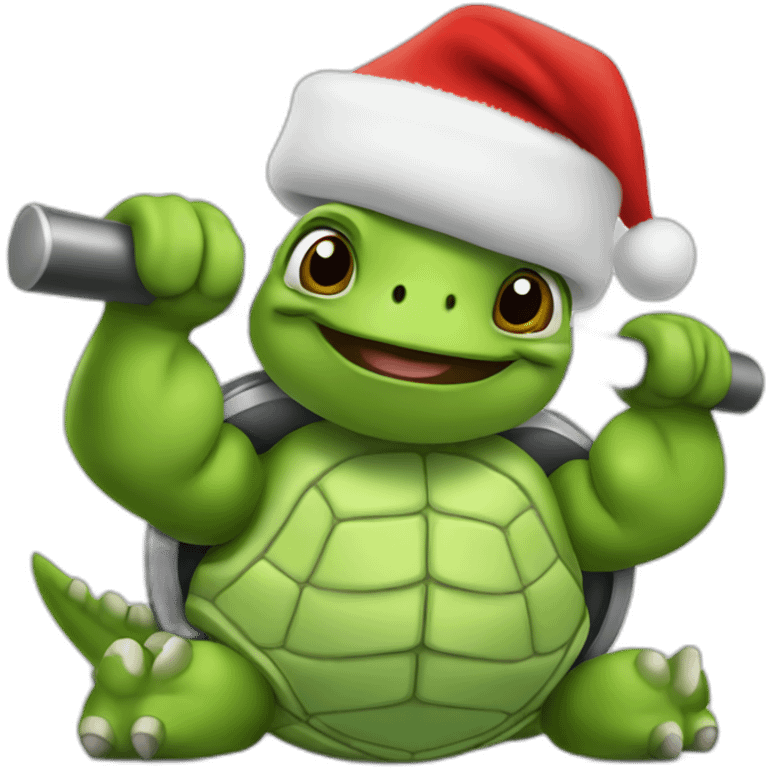 Bodybuilder turtle lifting iron in Christmas hat emoji