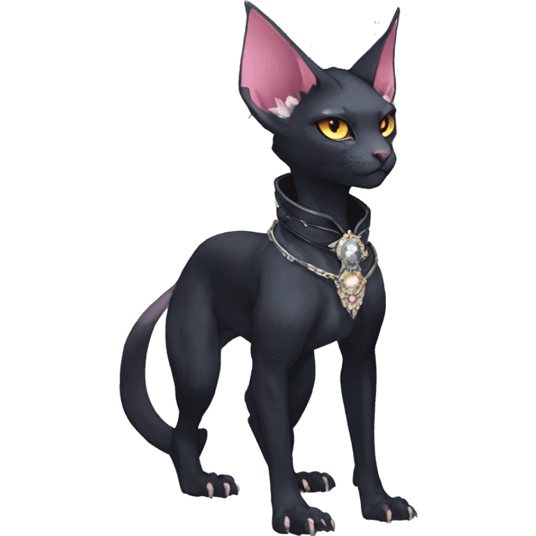 cool punk kawaii anime edgy distinguished pretty elegant beautiful fantasy black ethereal nargacuga-Noivern-sphynx-Quiana-Fakemon collar harness jewels full body emoji