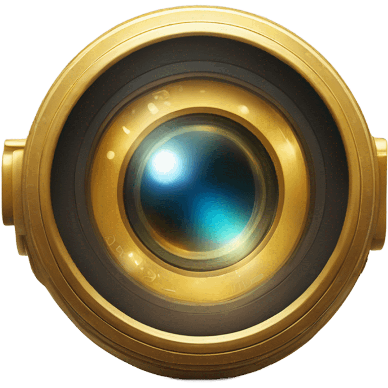 A golden camera lens with intricate engravings and a glowing effect, symbolizing two years of active engagement in the news channel. emoji