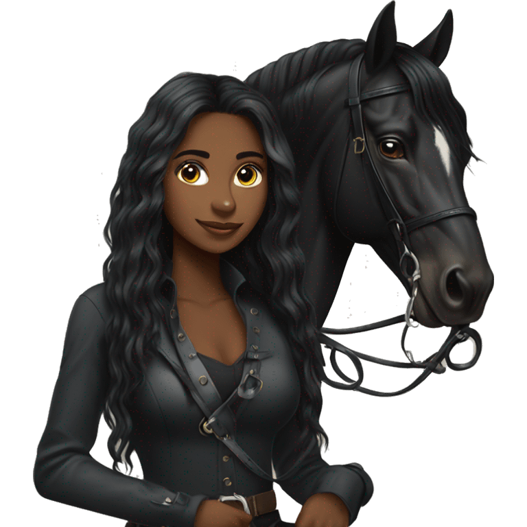 Pretty black equestrian woman long hair holding black stallion reins emoji