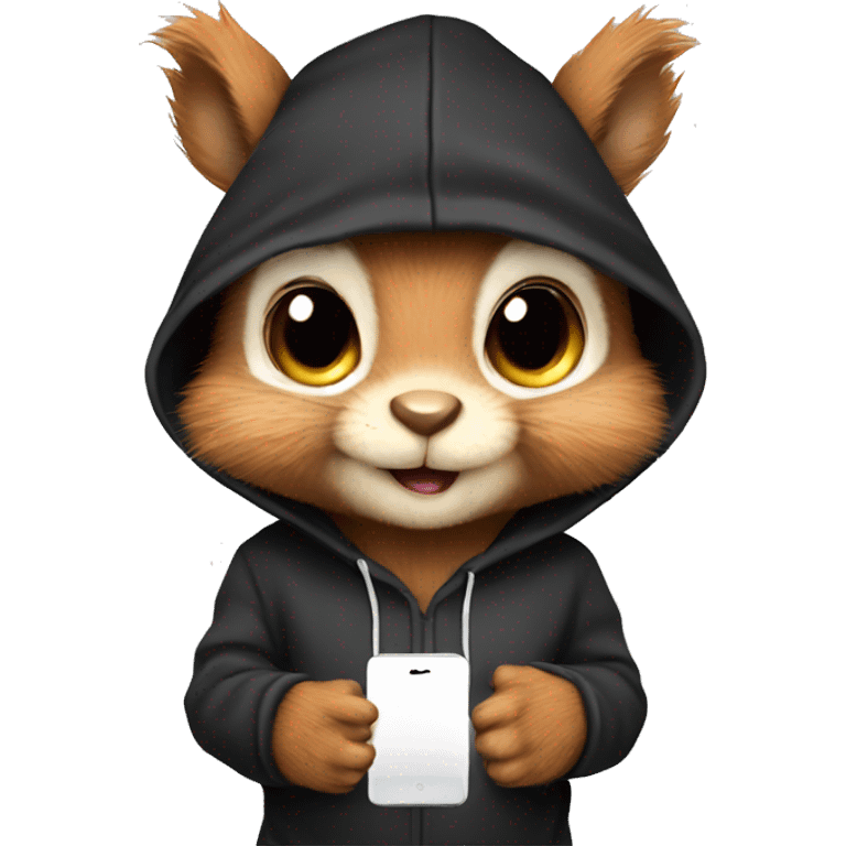 Cute realistic fluffy Squirrel with fluffy ears in black hoodie holding an iPhone  emoji