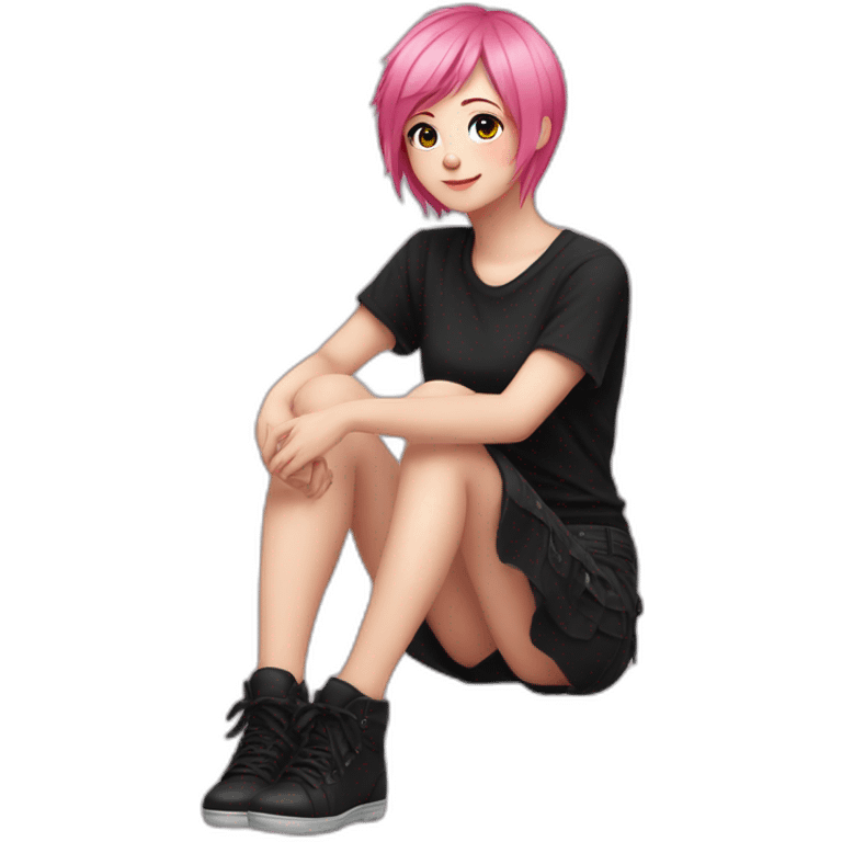 Full body Front view curvy emo girl pink hair sits on the floor straight view hands up black skirt полосатые рваные чулки emoji