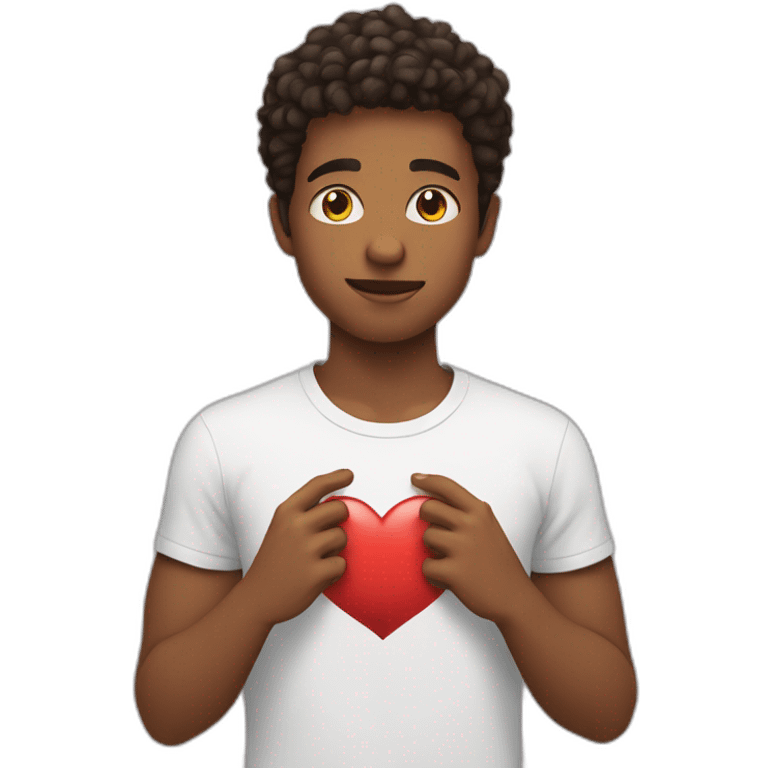 young man touching his chest, wearing a heart t-shirt emoji