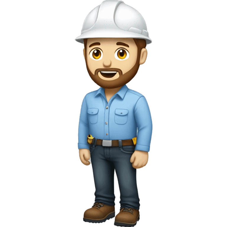 Mid white engineer wearing light blue blouse and black jeans and brown safety shoes and  white helmet and he has a slight beard  emoji