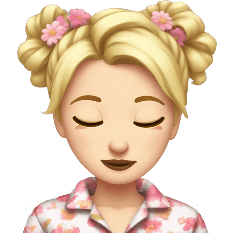 Blonde girl in floral long sleeve pyjamas with messy bun and she’s asleep emoji