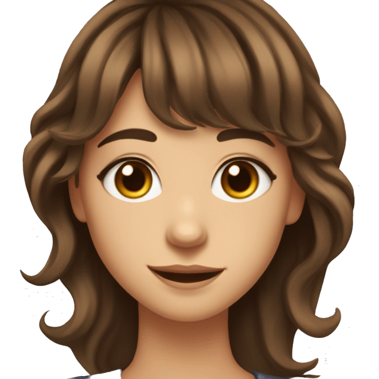 pretty girl with brown wavy hair and bangs,and brown eyes, long lashes, cheek dimples smiling emoji