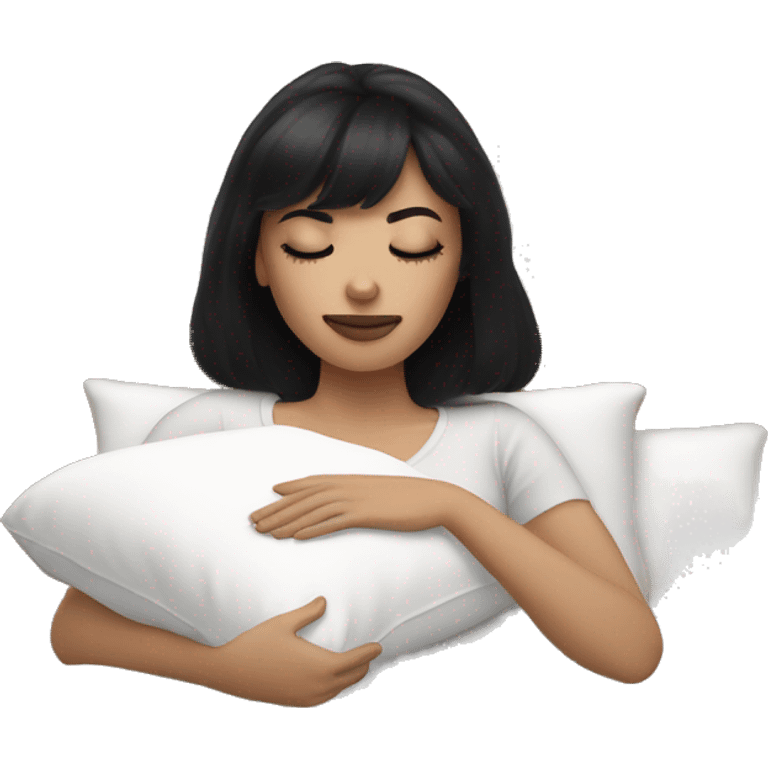 Woman pale skin black hair with bangs sleeping in bed with pillow, white woman emoji