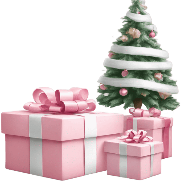 Light pink Christmas gifts under a white Christmas tree  emoji