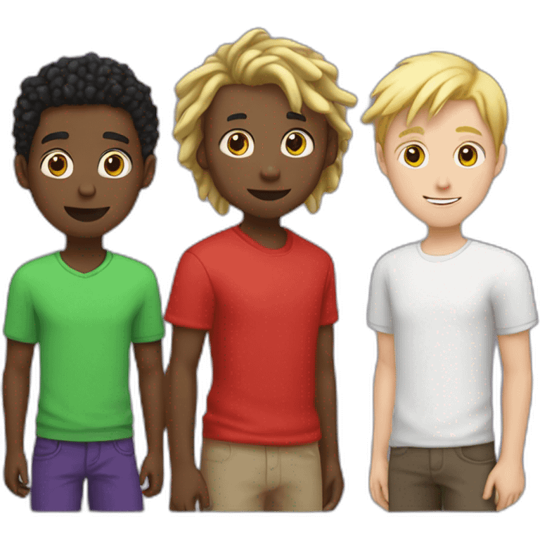 black boy in red shirt with short dreads next to a white boy in green shirt with short blonde hair, next to a white boy with brown hair, purple shirt emoji