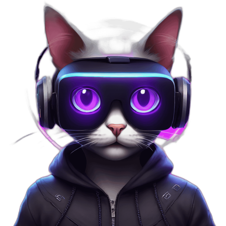 cat wearing a black hoodie with "OMG" letters on it and VR headset in a cyberpunk VR environment with violet neon lighting. emoji