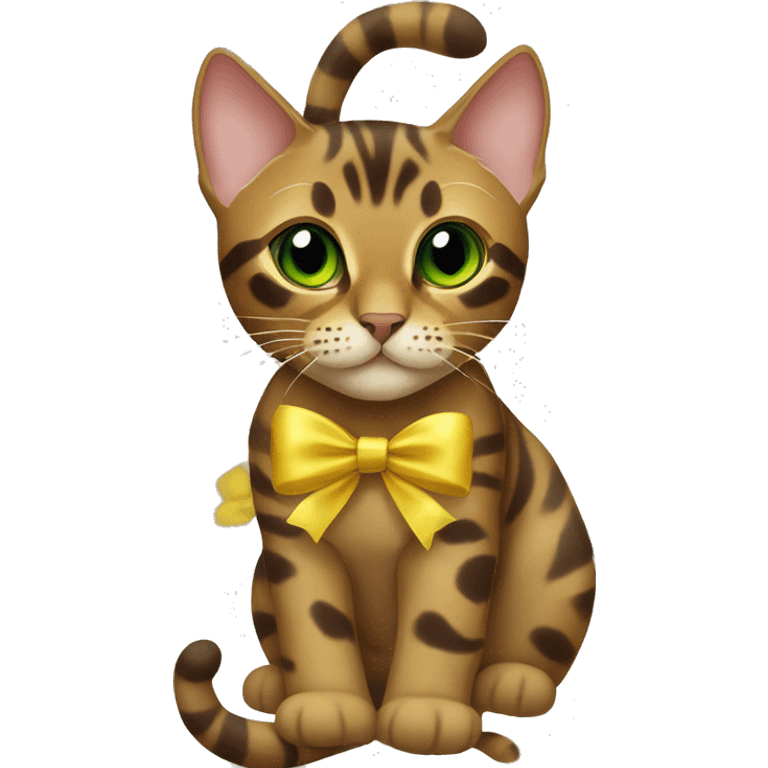 green-eyed bengal cat has a small yellow bow emoji