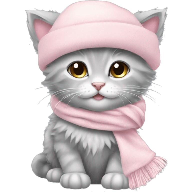 fluffy gray winter kitten with pale pink christmas hat and pale pink scarf emoji