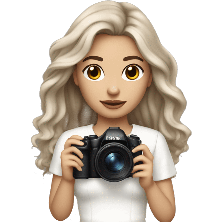 An aesthetic girl photographer, wearing off white classy outfit, her skin tone is light and hair color is ash brown. Hair style is beach waves. The hair is mid length and straight . She has a white skin tone and is holding her camera emoji