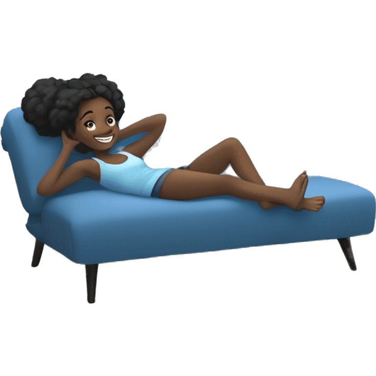 slate blue black girl lounging on a comfy blue couch, with her feet up, looking relaxed and happy emoji