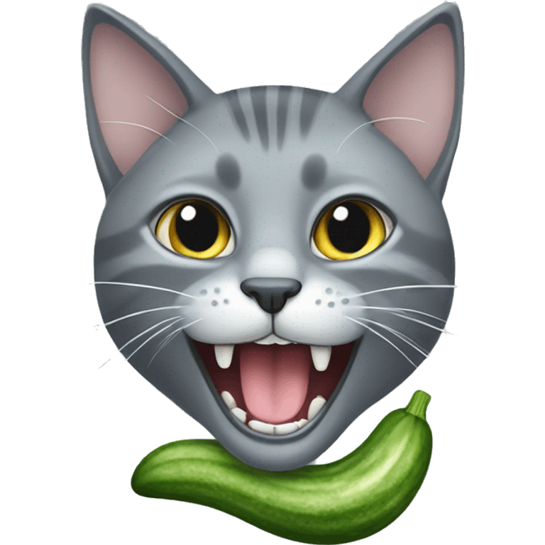 A grey cat with a cucumber in its teeth emoji