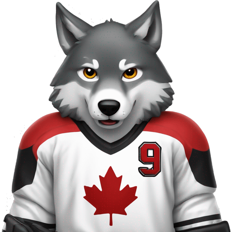 A wolf plays hockey in a black and white red uniform with a wolf emblem on his chest emoji