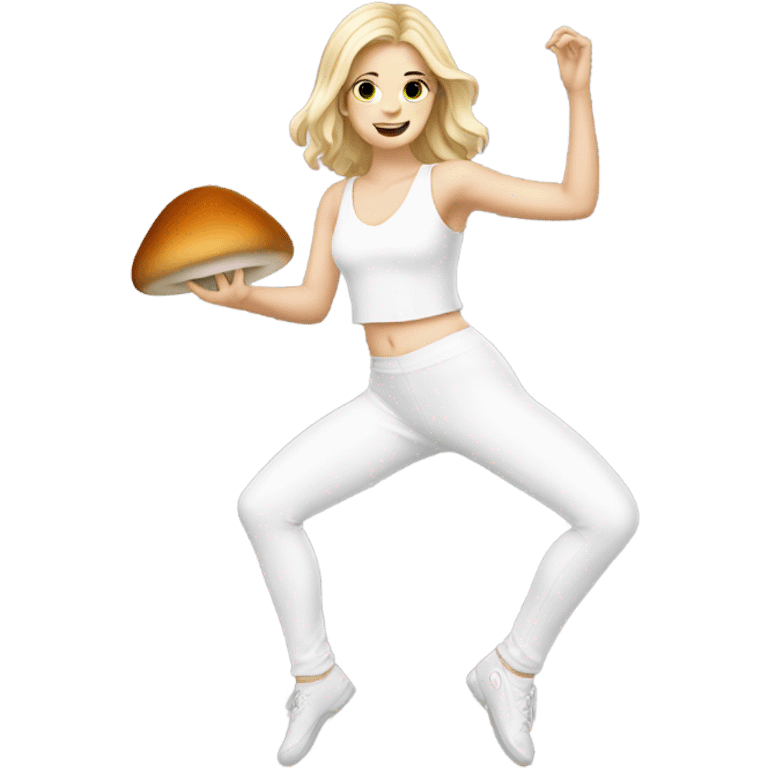 White Girl wearing an all white dancing outfit dancing with a mushroom  emoji