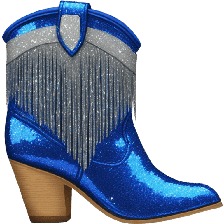 Realistic cobalt blue fashion cowgirl boots with sparkly shiny glitter fringe on them. emoji