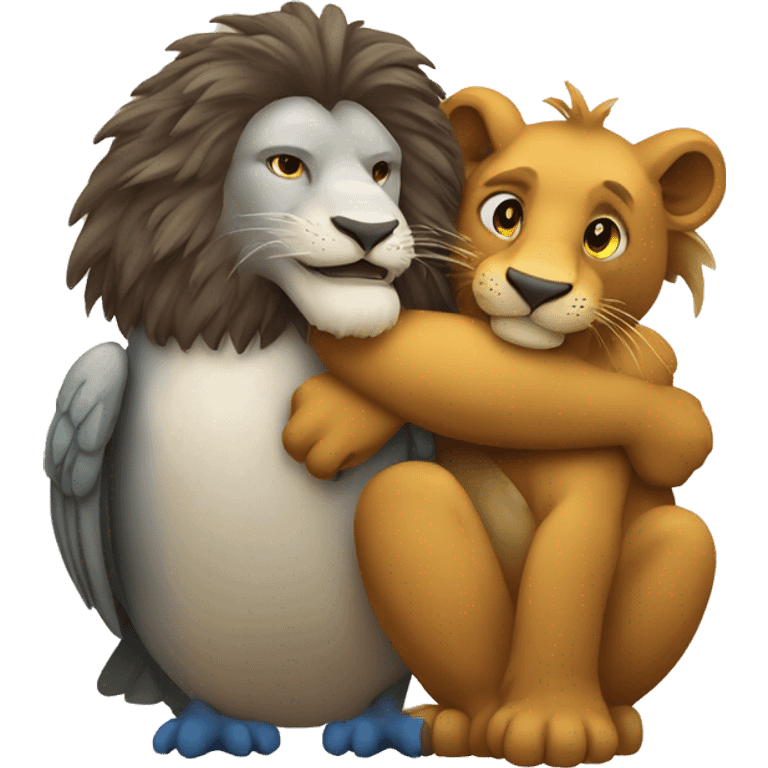 lion and mallard hugging each other and super happy emoji