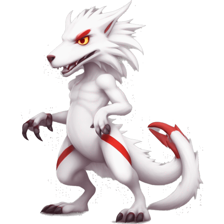 White edgy cute badass epic anthro modern albino sergal-vernid-Fakémon with red mane and red eyes with red edgy stripes, full body emoji