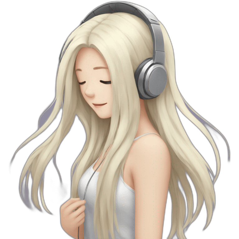 anime girl from behind with headphones on toes and white long hair emoji