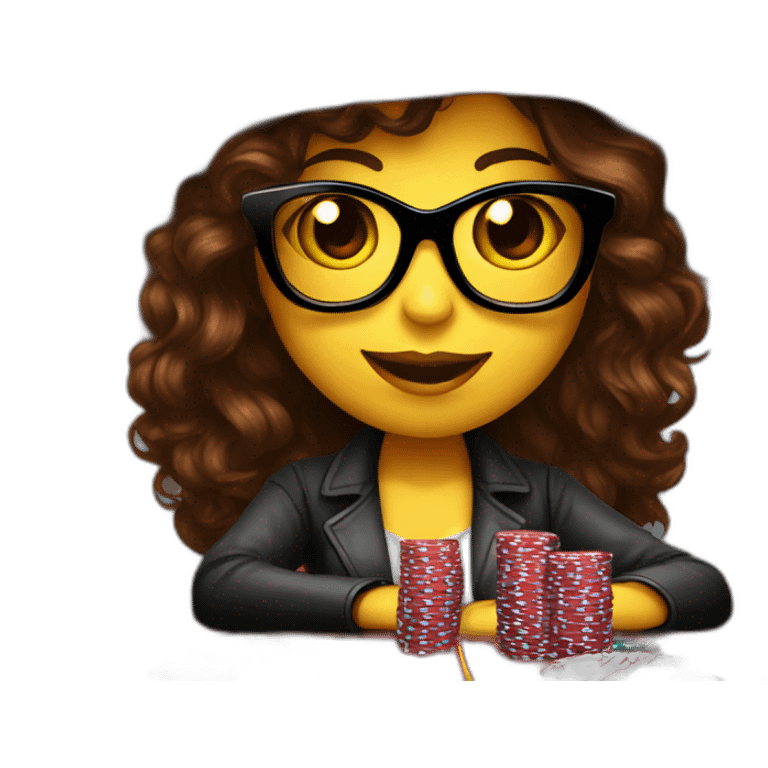 female with dark sunglasses brown wavy hair playing poker with a poker dealer hat emoji