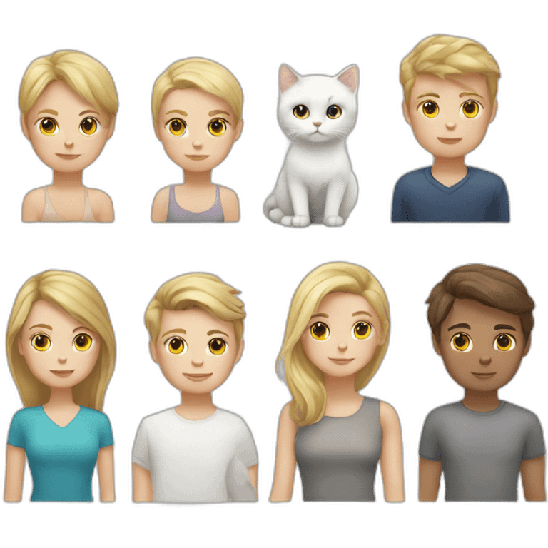 blond white girl, brunette white boy, white cat, grey cat emoji