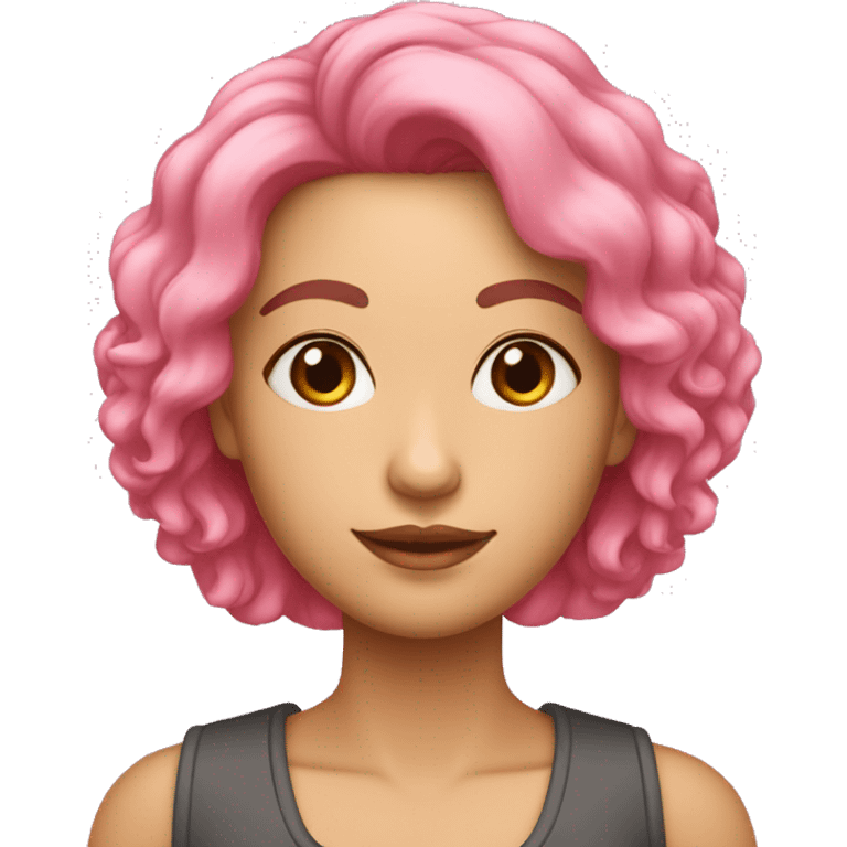 Mulher branca com cabelo castanho curto solto e roupa rosa emoji