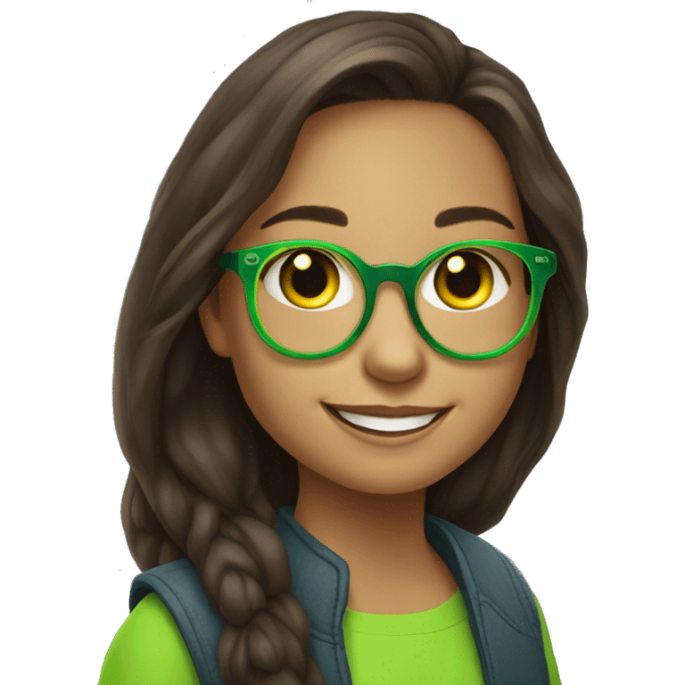 An emoji of a cute, long-haired brunette girl wearing glasses with a neon green frame, smiling warmly with a friendly expression emoji