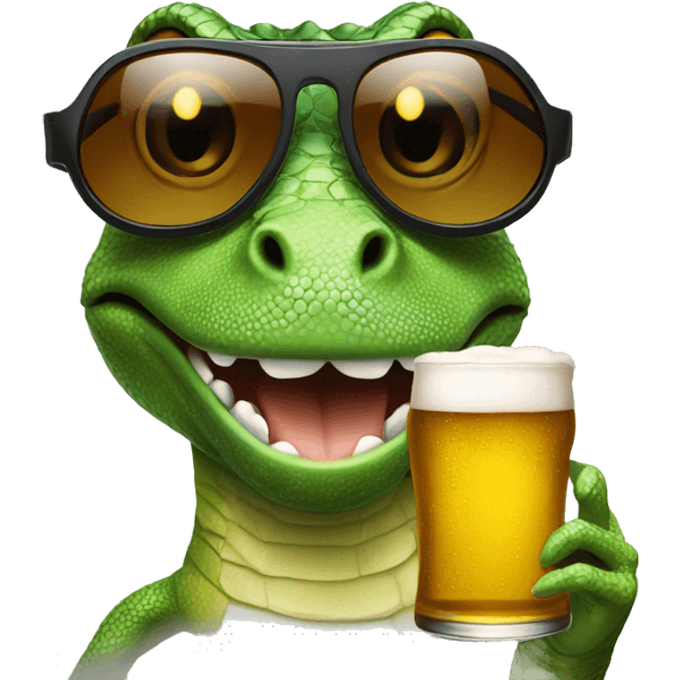 lizard wearing rayban sunglasses holding  beer emoji