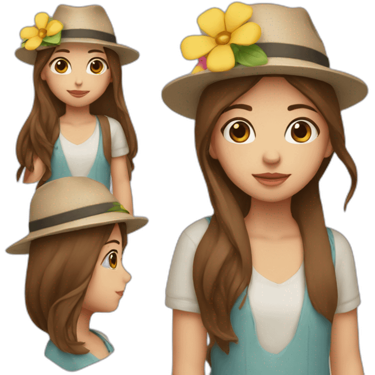 Girl with brown straight hair wearing a hat and a flower in her hand emoji