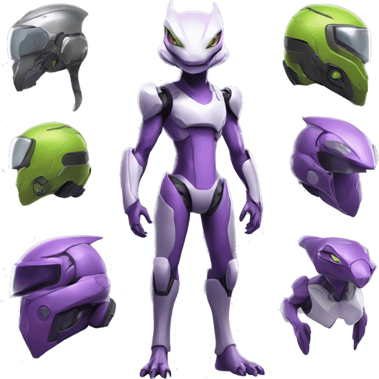 A Reptile-Raptor-Genesect-Mewtwo-Fakémon, with a futuristic visor-helmet, wearing a techwear-suit Full Body emoji