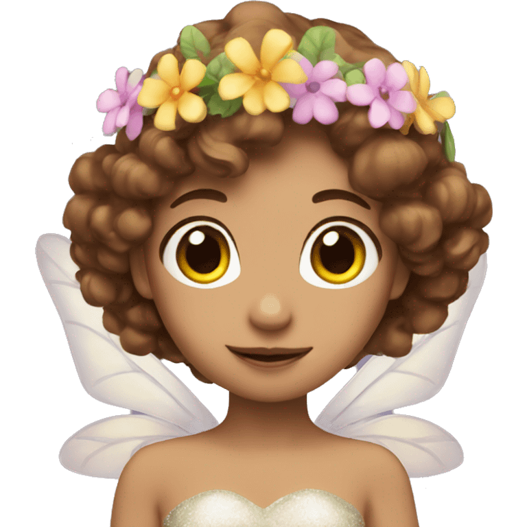 Fairy with brown hair, sparkly wings and flower crown emoji