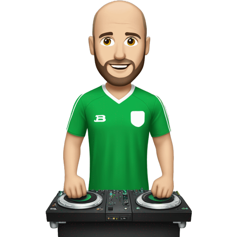 Balding guy with beard, wearing a green and white football kit, DJing emoji